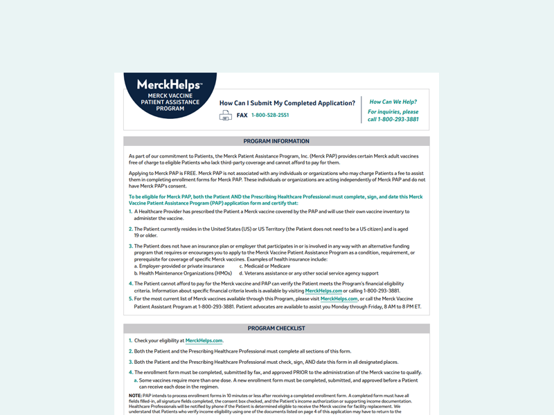 Cover of Merck Vaccine Patient Assistance Enrollment Form (English)